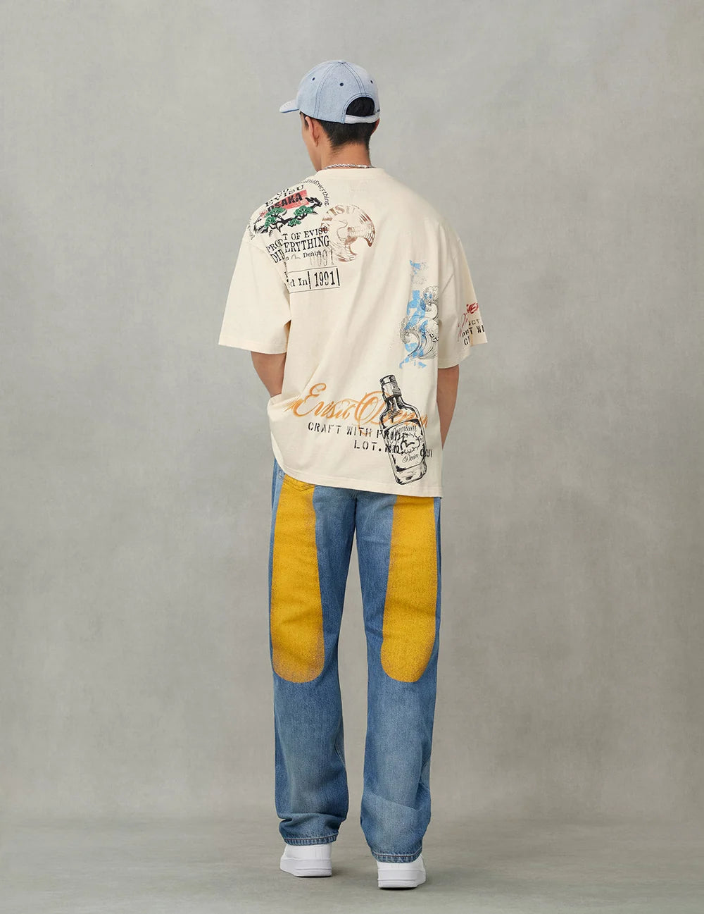 2000 - Yellow Daicock Printed Jeans - Mid Tone Indigo