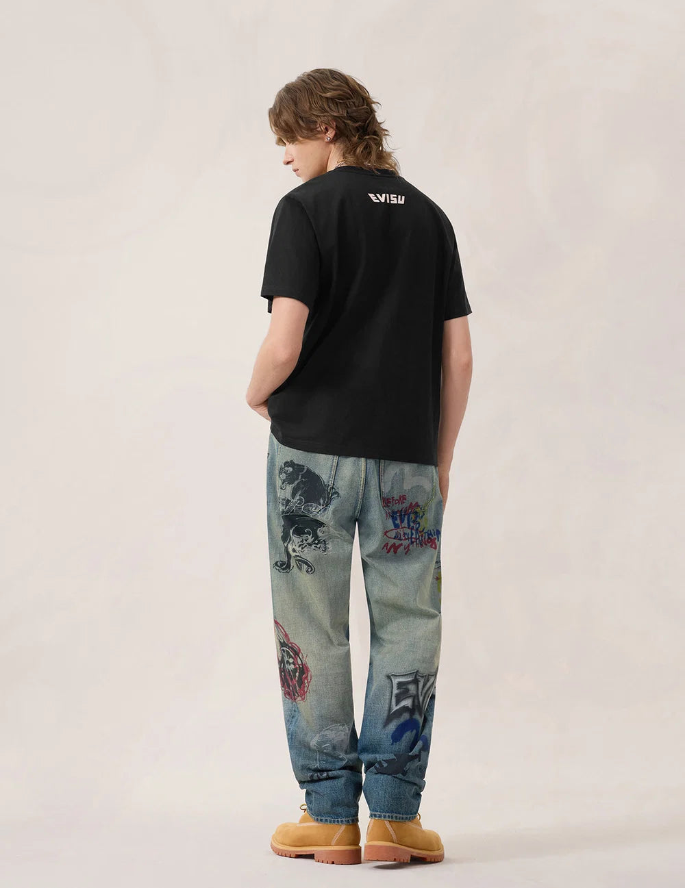 Hand brush seagull printed T-shirt - Black- Evisu