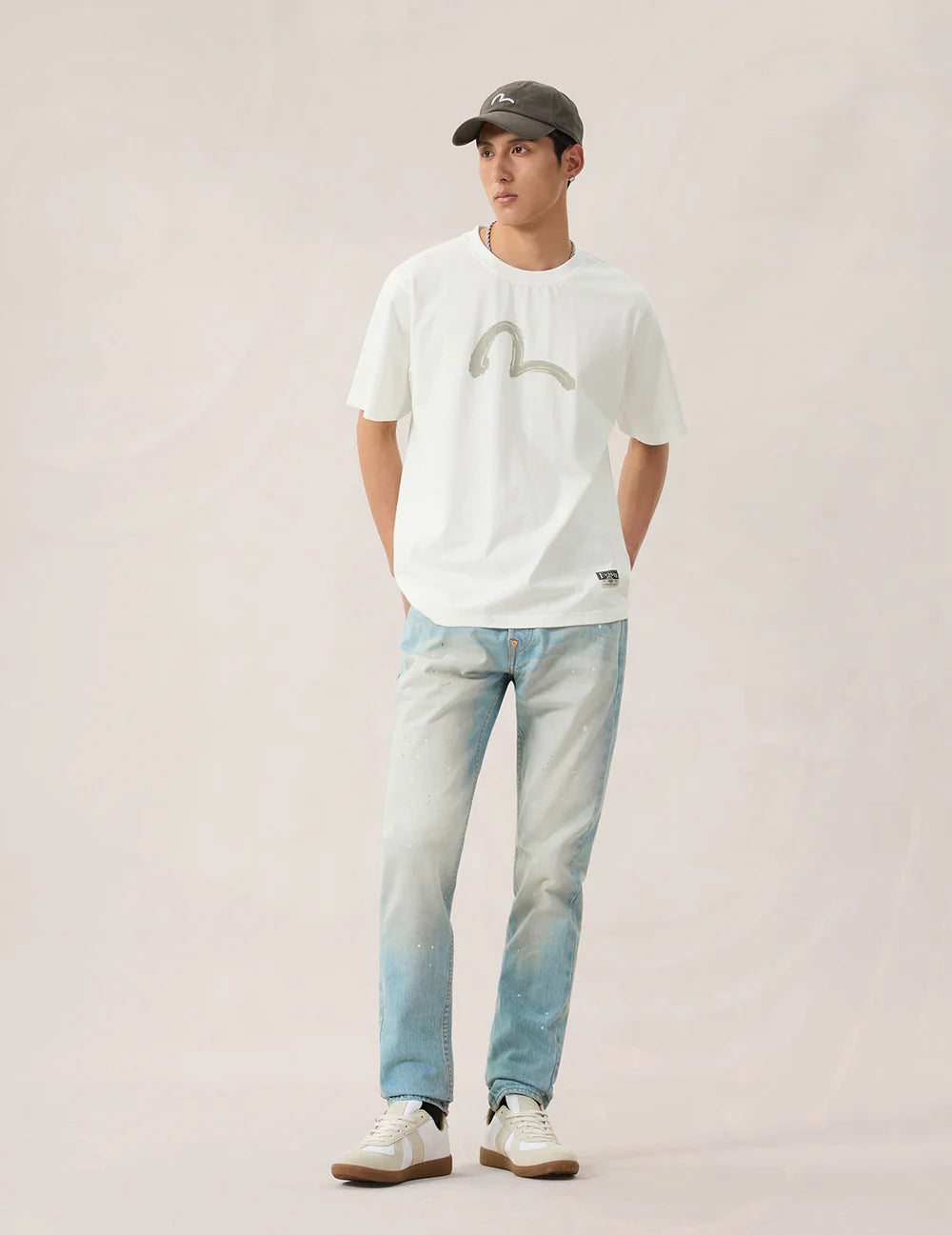 Hand Brush Seagull Printed SS Tee - Cotton - Off White - Evisu