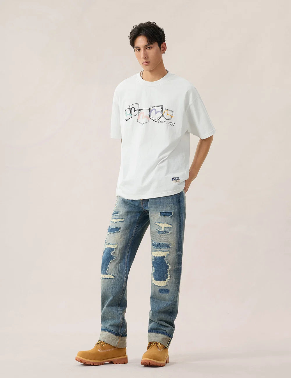 Hand drawn multi-pocket printed T-shirt - Hvit - Evisu