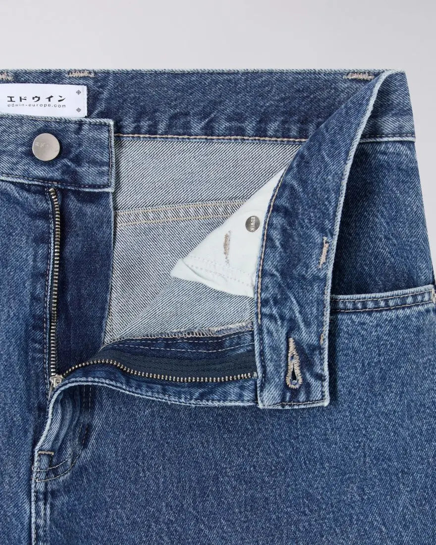 MATRIX PANT - Blue Mid Marble Wash 30'' zip fly detail showcasing the inside of the waistband and pocket.