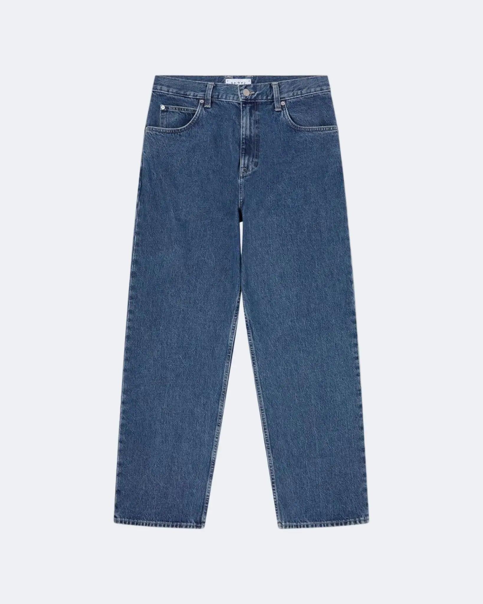 MATRIX PANT - Blue Mid Marble Wash 30'' Loose Straight-Fit Denim in 14.6oz Arctic Blue.