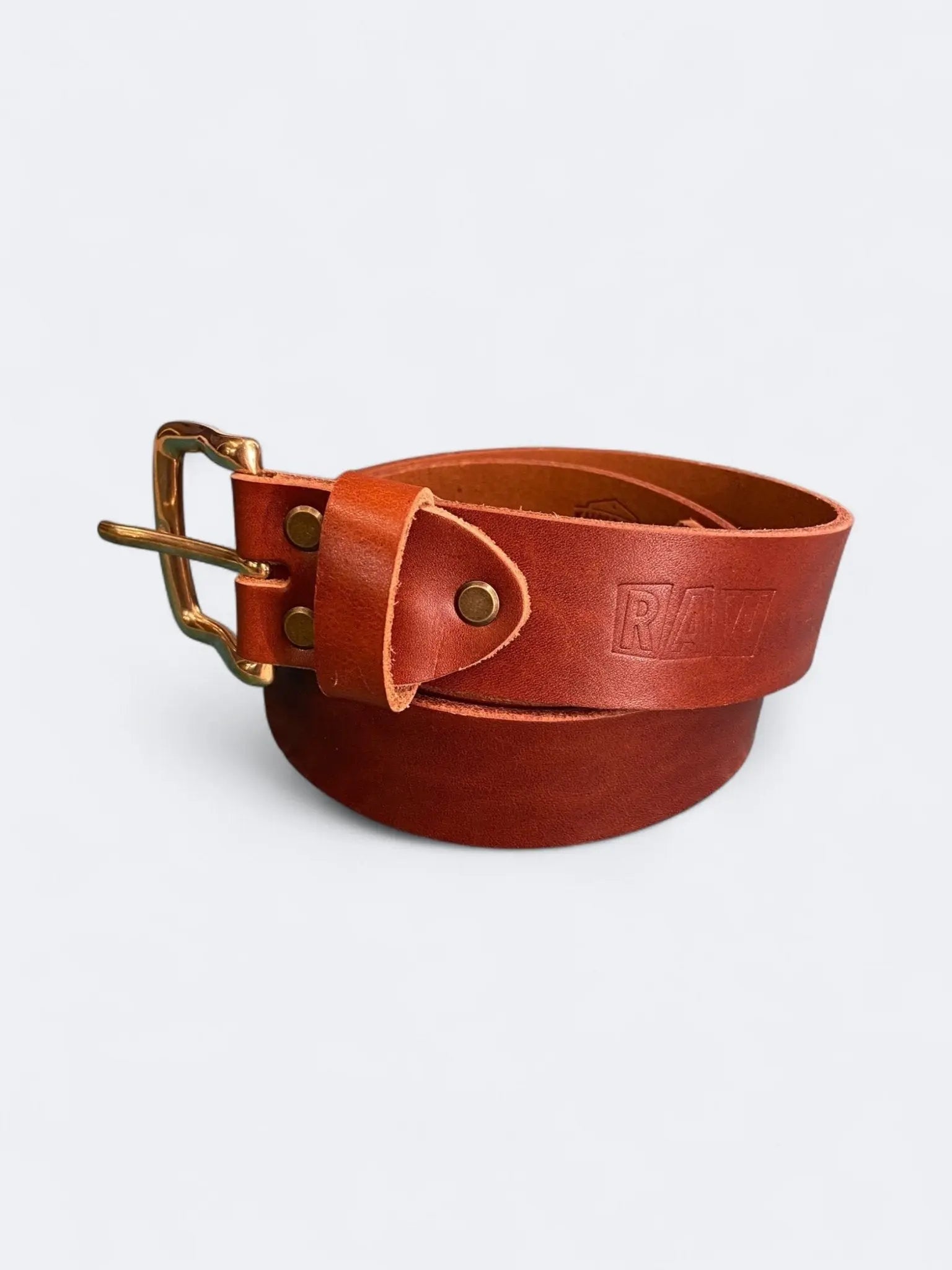 RAW LEATHER BELT - Cognac Solid Brass - Raw Denim