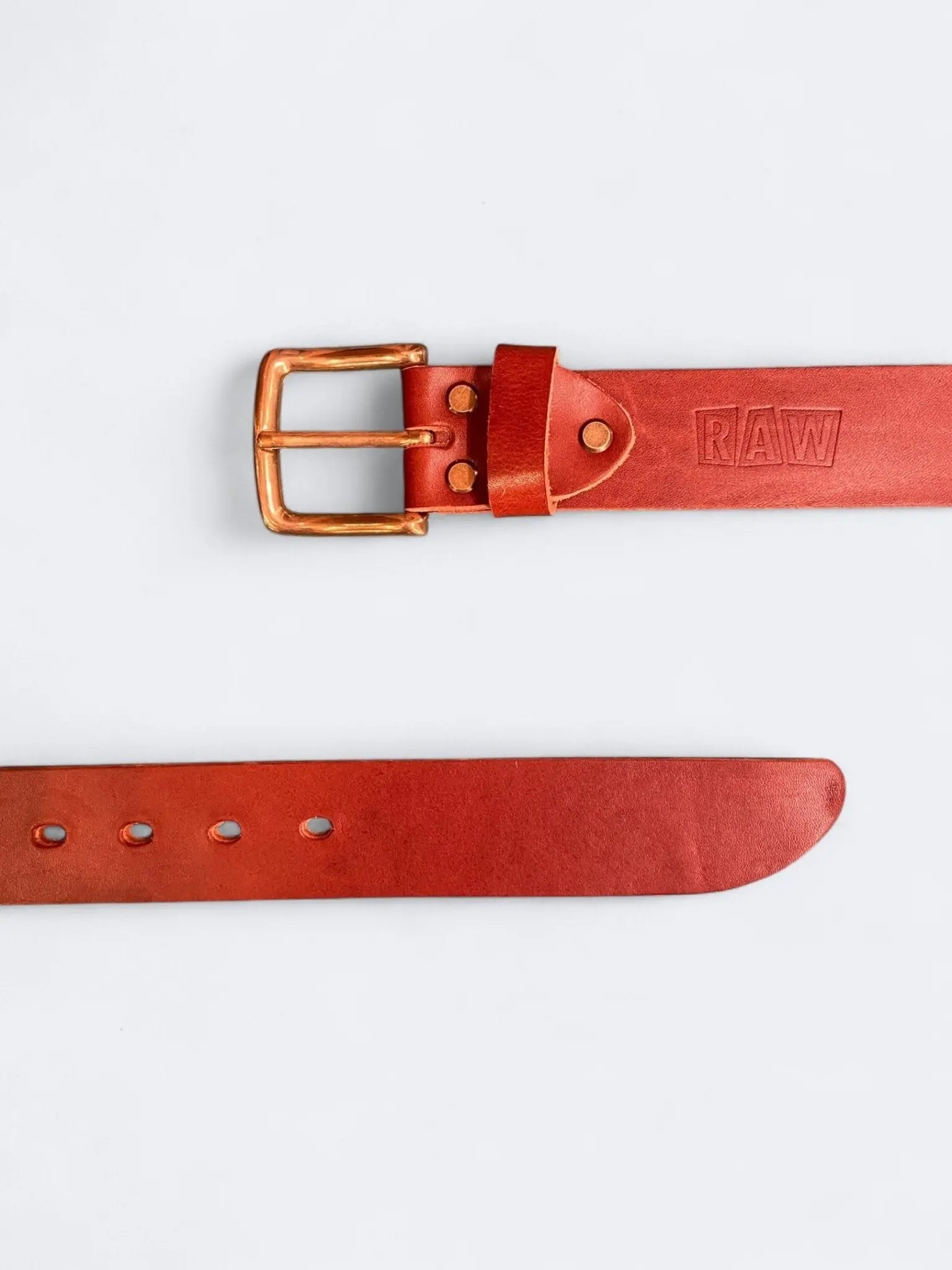 RAW LEATHER BELT - Cognac Solid Brass - Raw Denim