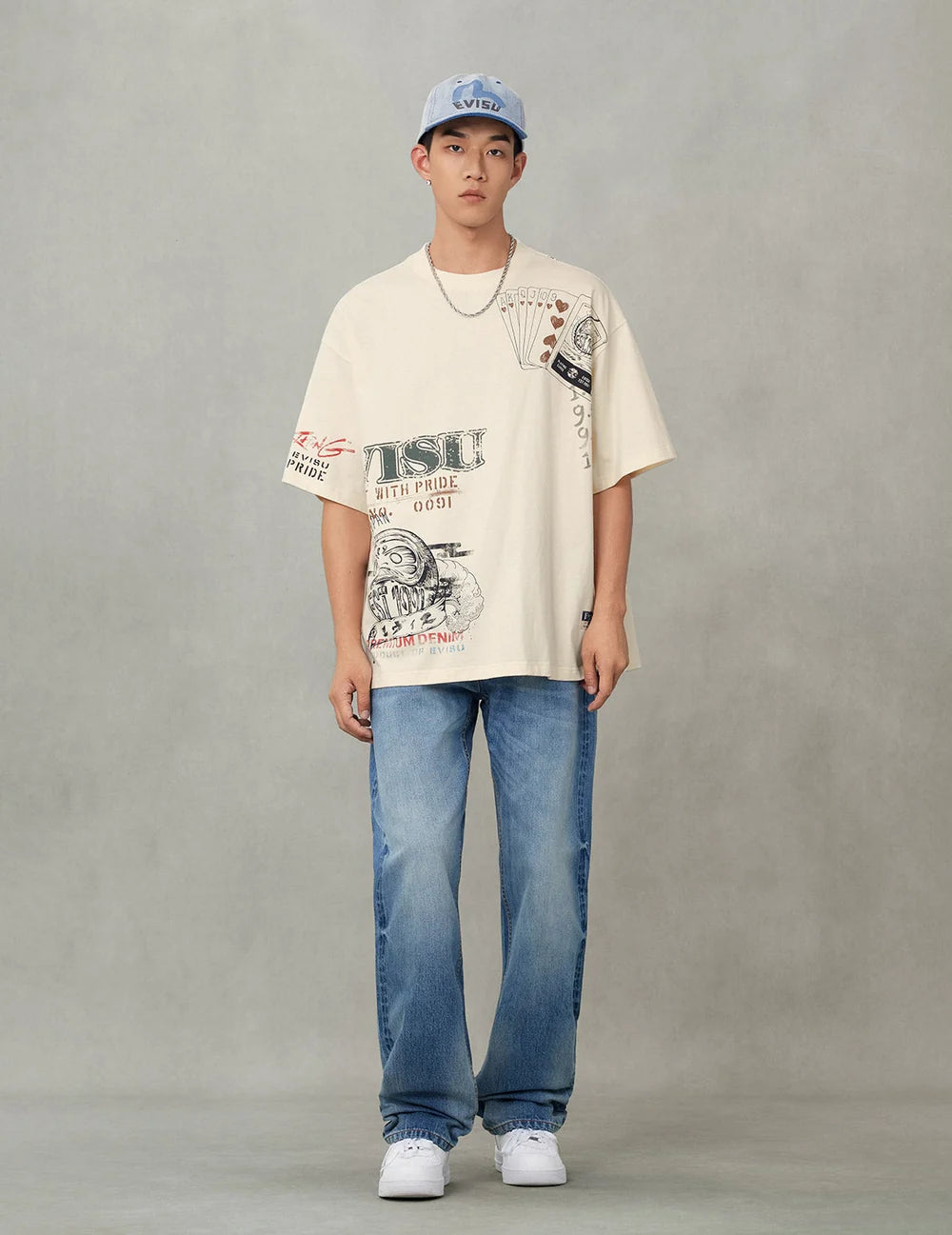 2000 - Yellow Daicock Printed Jeans - Mid Tone Indigo