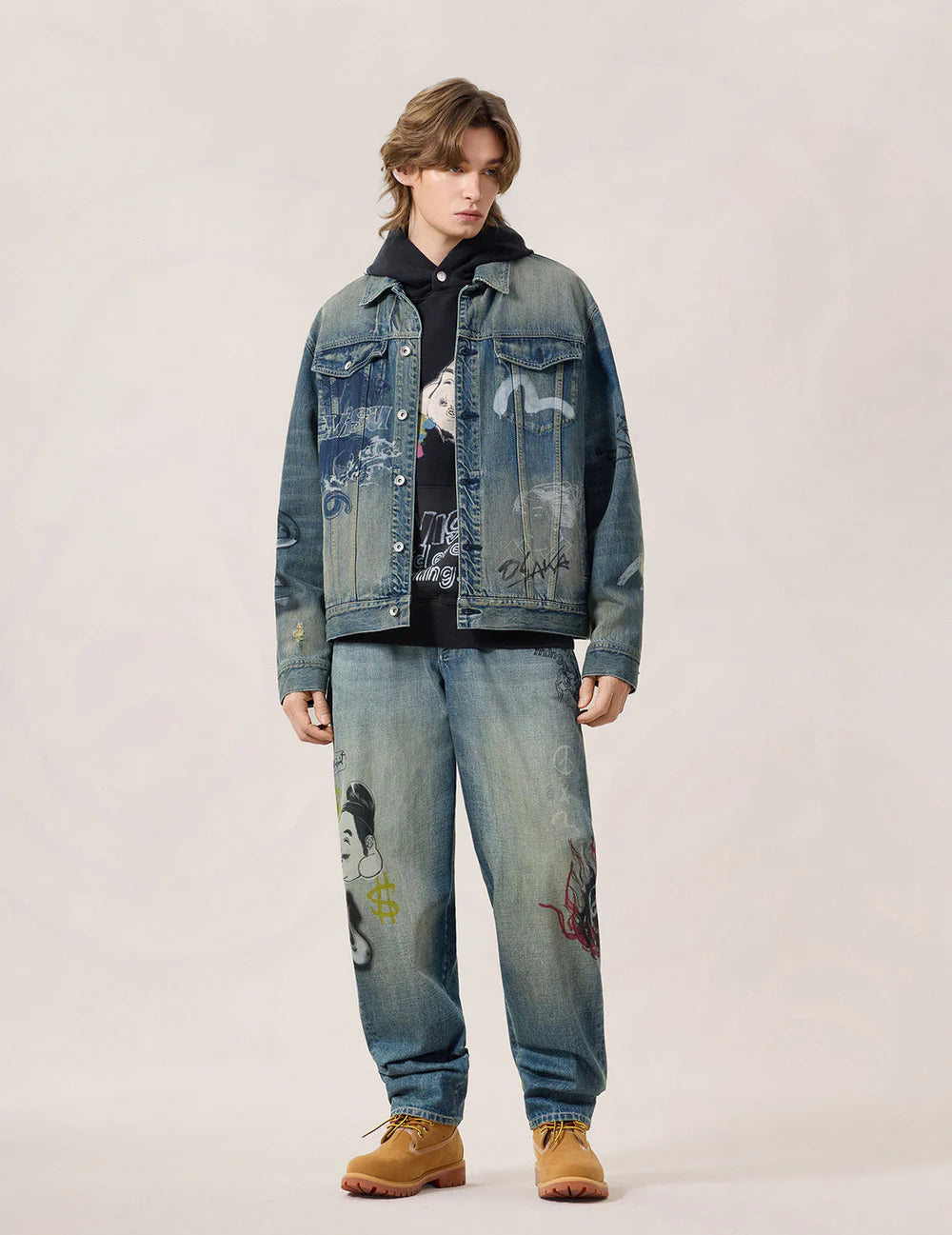 Allover Graffiti Printed Denim Jacket - Evisu