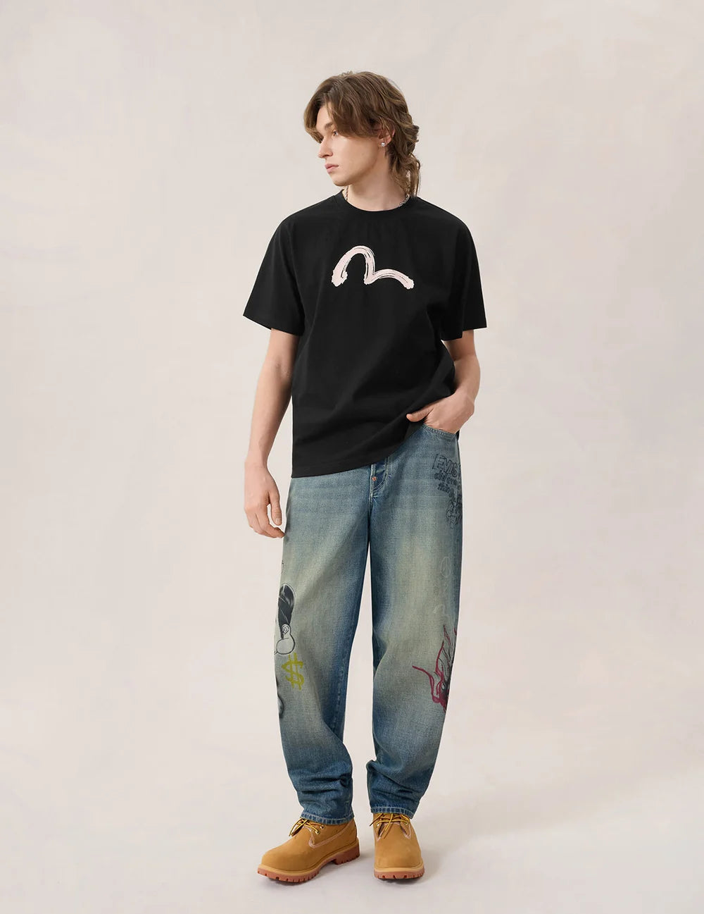 Hand brush seagull printed T-shirt - Black- Evisu