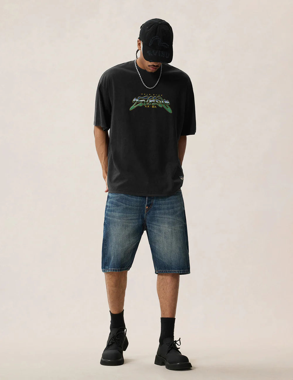 Neon Leopard Printed SS Tee - Cotton - Black - Evisu