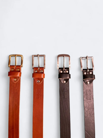 RAW LEATHER BELT - Cognac Solid Brass - Raw Denim