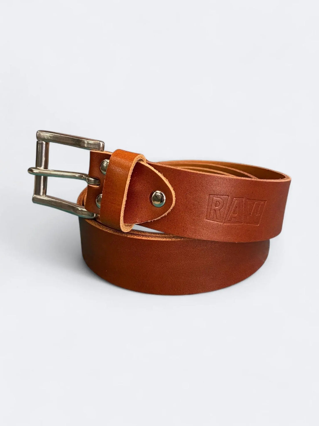 RAW LEATHER BELT - Cognac Stainless Steel - Raw Denim